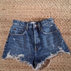 Zara Distressed High-Rise Denim Shorts - Blue